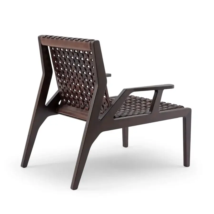 Distinctive Turri Net Lounge Chair with woven saddle leather and walnut wood in a matte finish