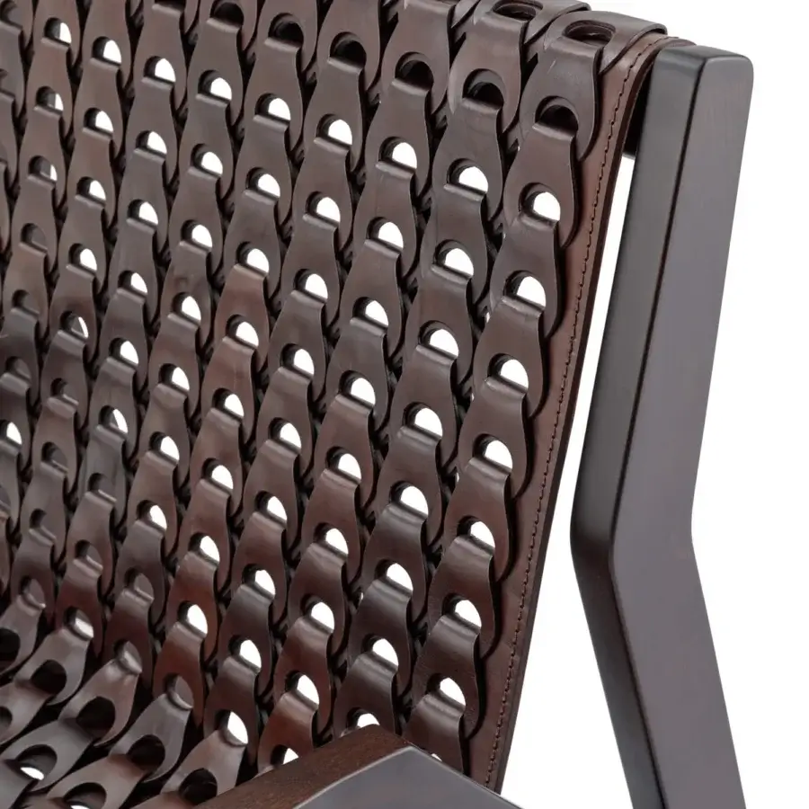 Exclusive Turri Net Lounge Chair with woven saddle leather and dark brown stained walnut wood structure