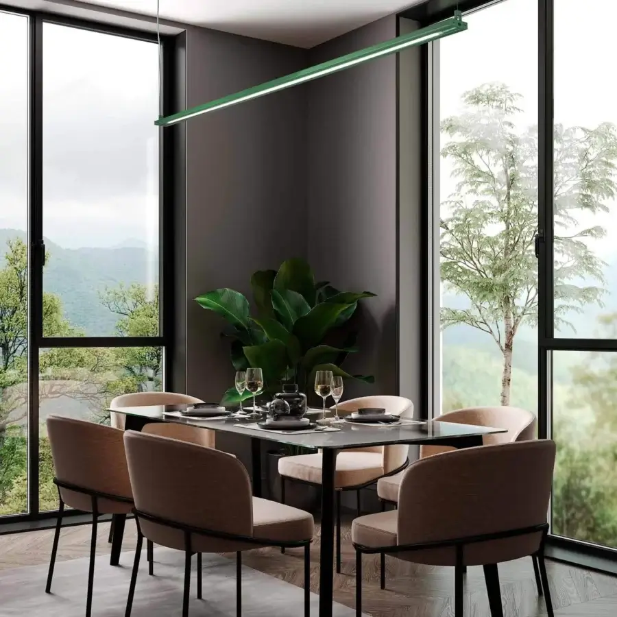 Superior Stillux Shape suspension lamp with sleek green metal structure and frosted pyrex glass diffuser