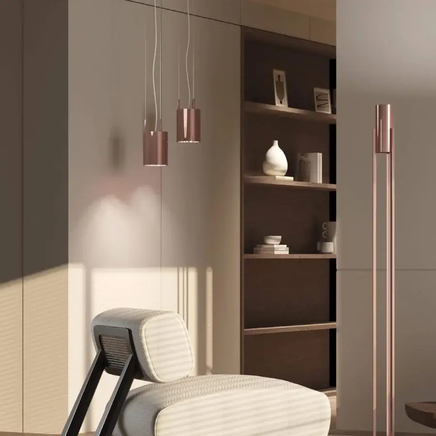Distinguished Stillux Shape suspension lamp with a cylindrical metal structure and frosted glass diffuser in a copper metallic effect