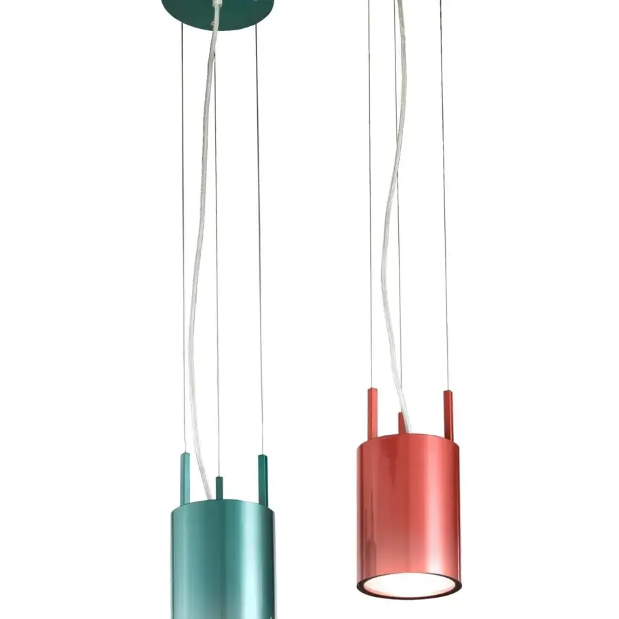 Superior Stillux Shape suspension lamp with a cylindrical metal structure and frosted white glass diffuser in salmon coloring with a glossy finish