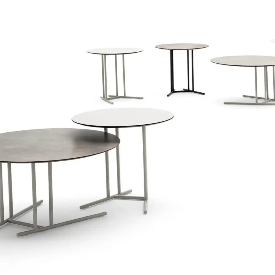 Elegant Varaschin Belt coffee table with a light grey powder-coated steel frame and matte grey HPL tabletop crafted in Italy