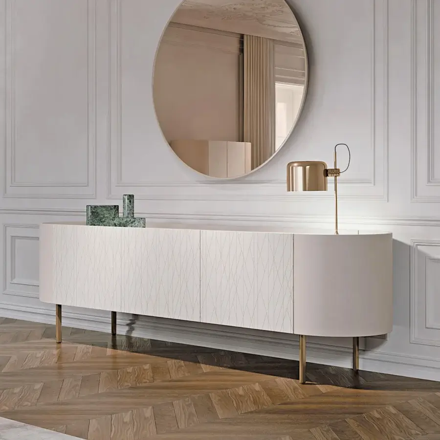 Exclusive Turri Roma sideboard with curved leather surfaces and geometric printed doors in glossy lacquered beige with gold legs