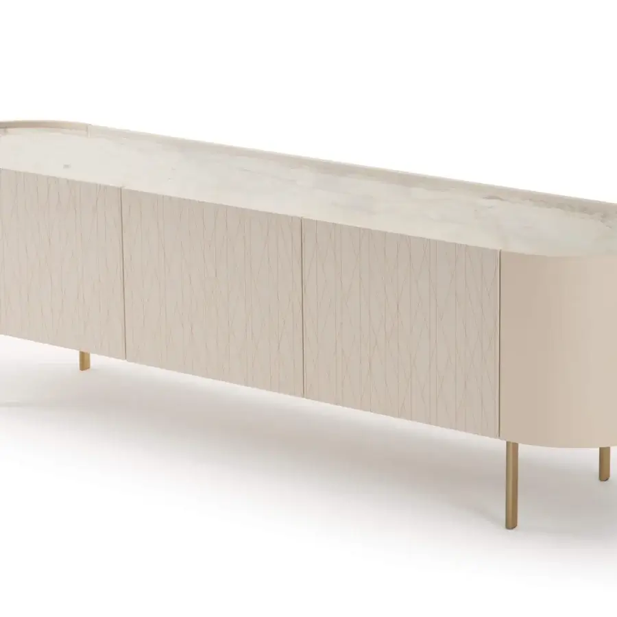 Elegant Turri Roma sideboard with rounded leather surfaces, glossy lacquered doors and a light marble top crafted in Italy