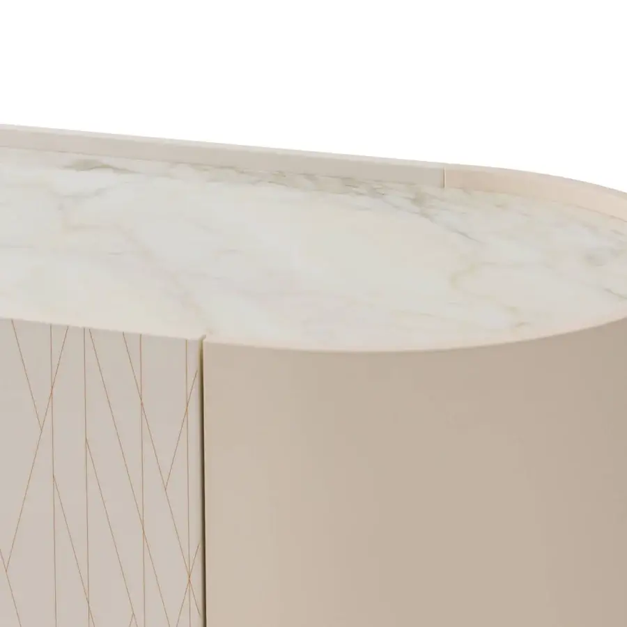 Captivating Turri Roma sideboard with curved faux marble top, creamy beige lacquered body and geometric doors