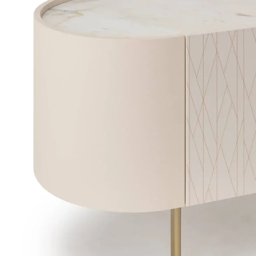 Exclusive Turri Roma sideboard with curved leather body, glossy lacquered doors and geometric copper-toned accents