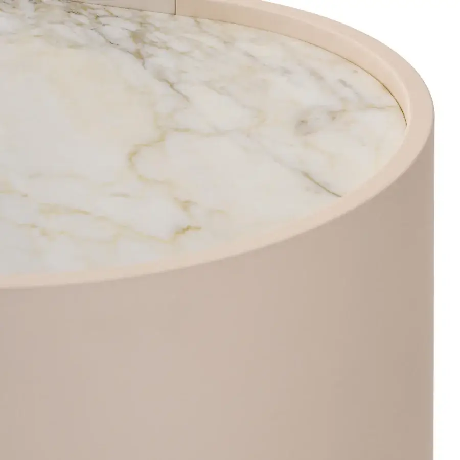 Distinguished Turri Roma sideboard with uniquely curved form, light cream leather and veined marble top crafted in gold and brown tones
