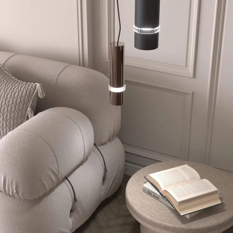 Exceptional Stillux Shape Suspension Lamp with cylindrical metal pendant and certified pure transparent crystal lighting ring in bronze finish