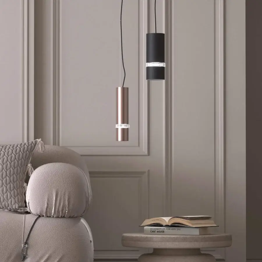 Distinguished Stillux Shape Suspension Lamp with cylindrical metal pendant and transparent crystal lighting ring in a sleek black finish