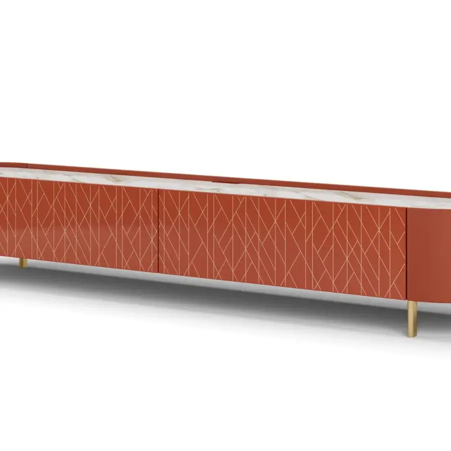 Exquisite Turri Roma TV stand with reddish-brown glossy lacquer, geometrically patterned gold accents and a luxurious marble top