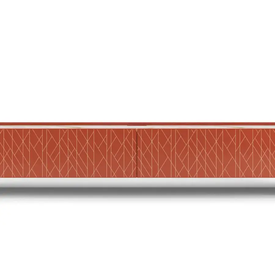 Lavish Turri Roma TV stand with curved light marble top, glossy lacquered flap doors and terracotta leather sides