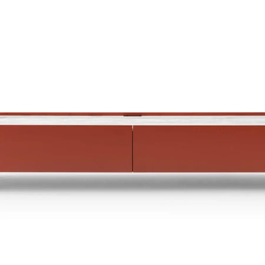 Distinguished Turri Roma TV stand with rounded leather sides, reddish-brown lacquered flap doors and light marble top