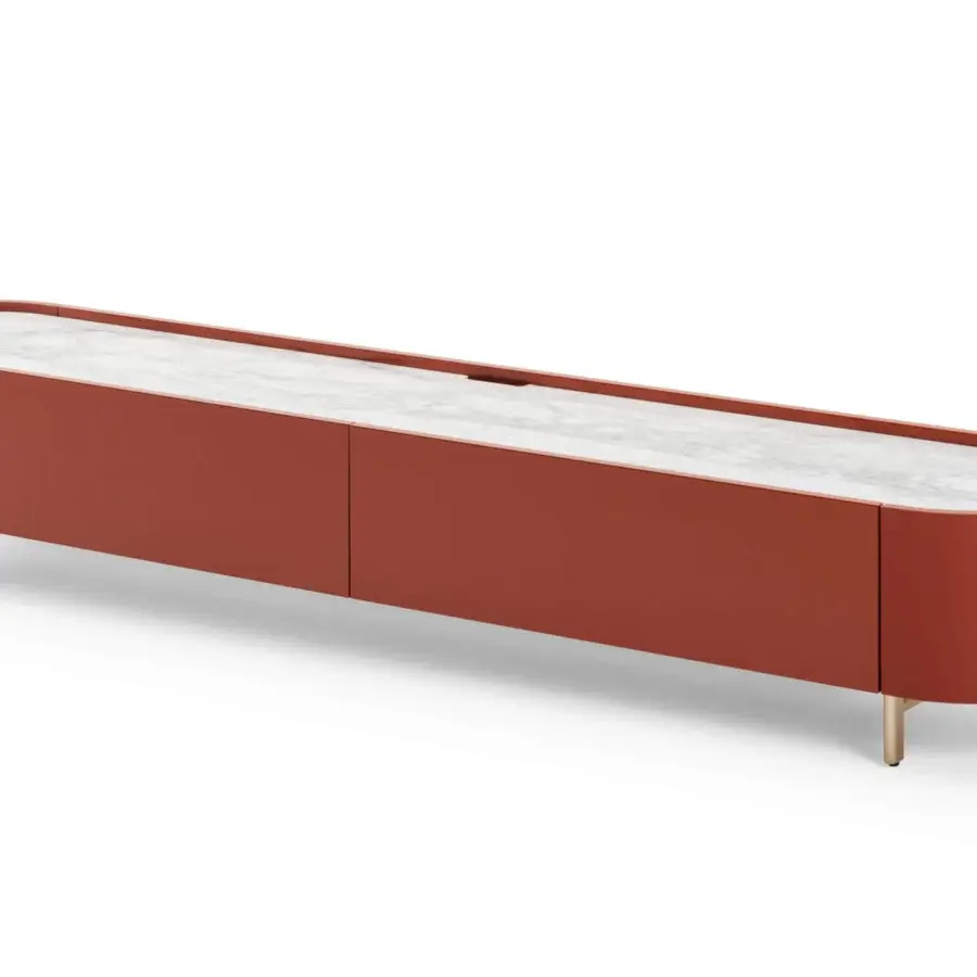 Exceptional Turri Roma TV stand with oval leather silhouette, reddish-brown lacquered wooden flap doors and lustrous marble-like top