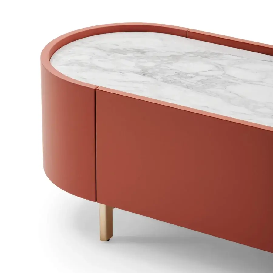 Distinctive Turri Roma TV stand with terracotta matte lacquer, white marble top and light gold-toned metal feet crafted with leather flap doors