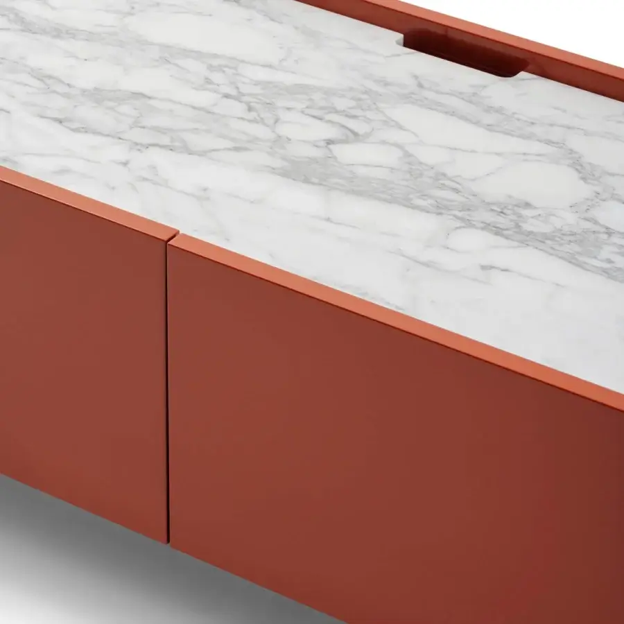 Superior Turri Roma TV stand with reddish-brown composite, glossy lacquered doors and white marble-like inlay crafted with rounded leather sides