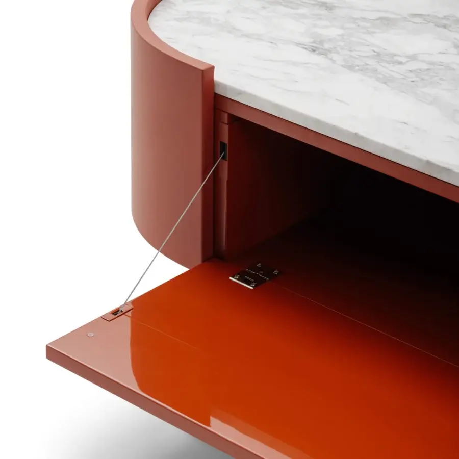 Elegant Turri Roma TV stand with curved leather silhouette, reddish-brown glossy lacquered wood and white marble-like top