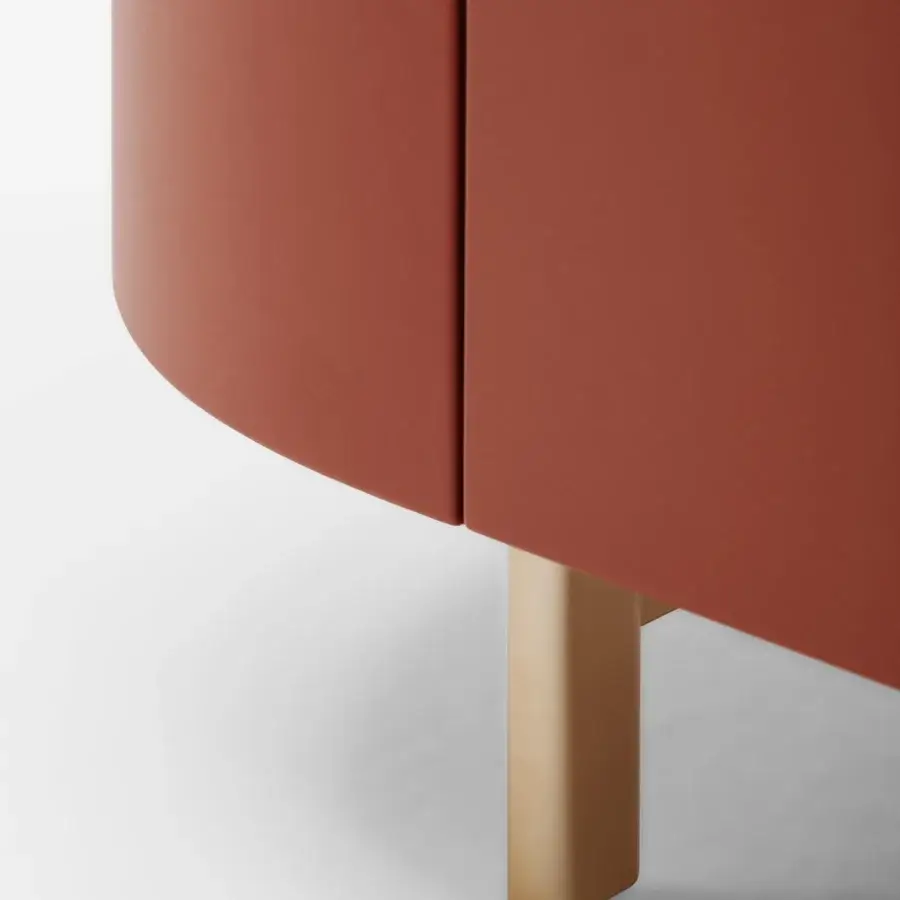 Superior Turri Roma TV stand with rounded reddish-brown leather and glossy light tan lacquered wood legs