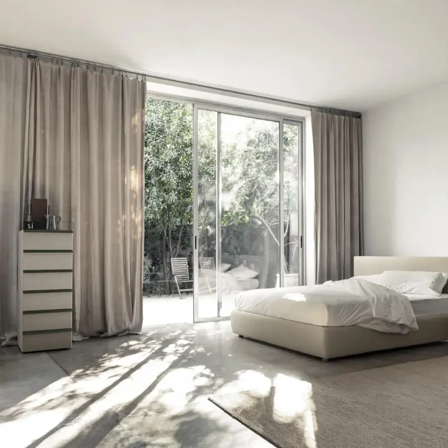 Exceptional Bolzan Letti Metropolitan bed crafted in light beige textile with matte finish and firwood structure