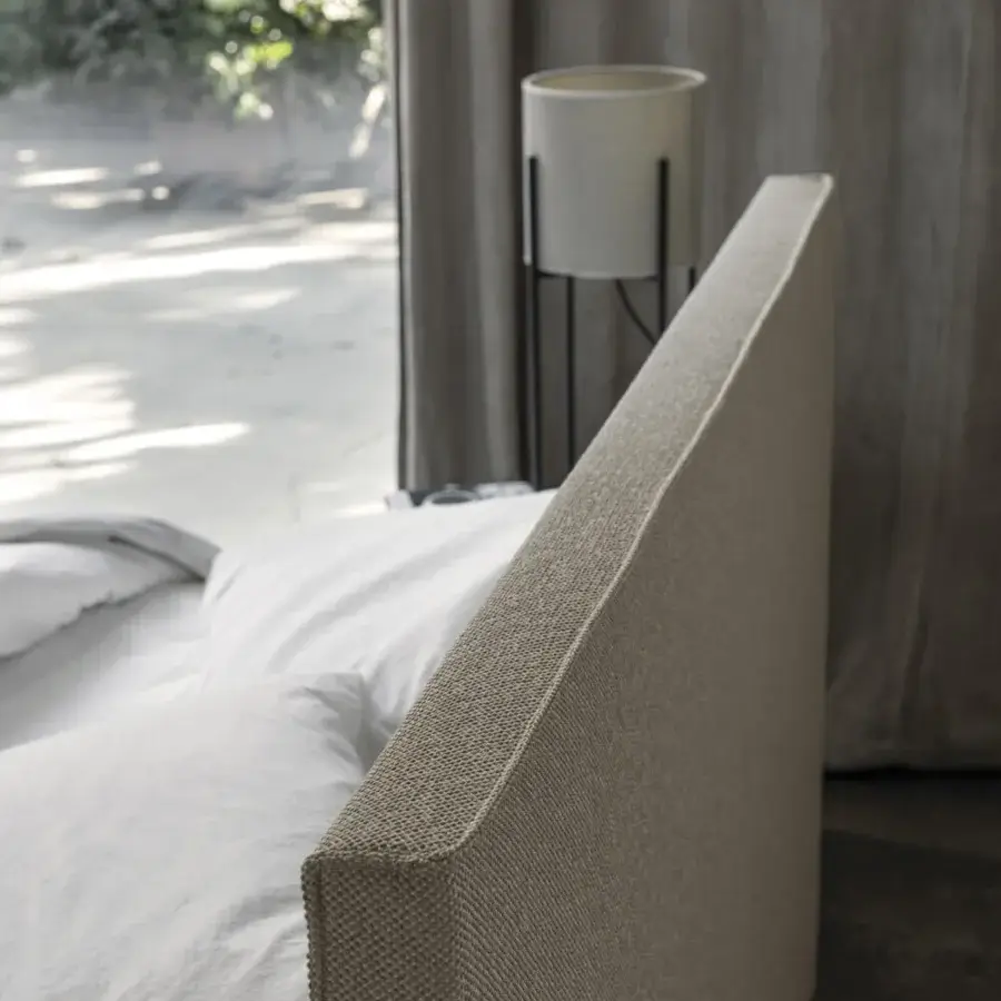 Superior Bolzan Letti Metropolitan bed crafted with a light brown textured textile and firwood structure built in Italy for lasting comfort