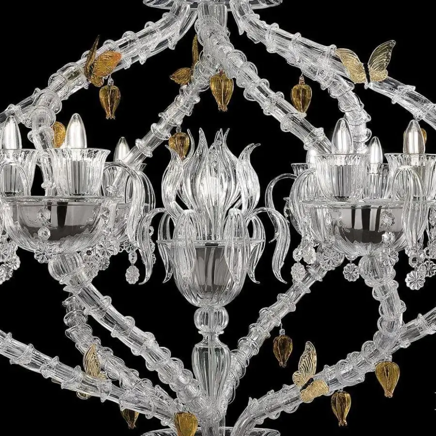 Distinguished Barovier&Toso Adonis chandelier crafted in clear Murano glass with gold-toned butterflies and floral elements