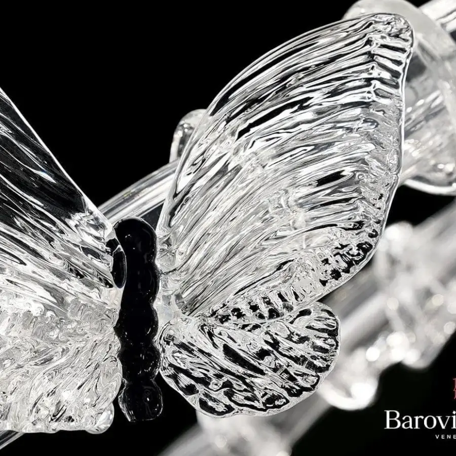 Exceptional Barovier&Toso Adonis chandelier crafted in clear Murano glass with black butterfly details and glossy finish