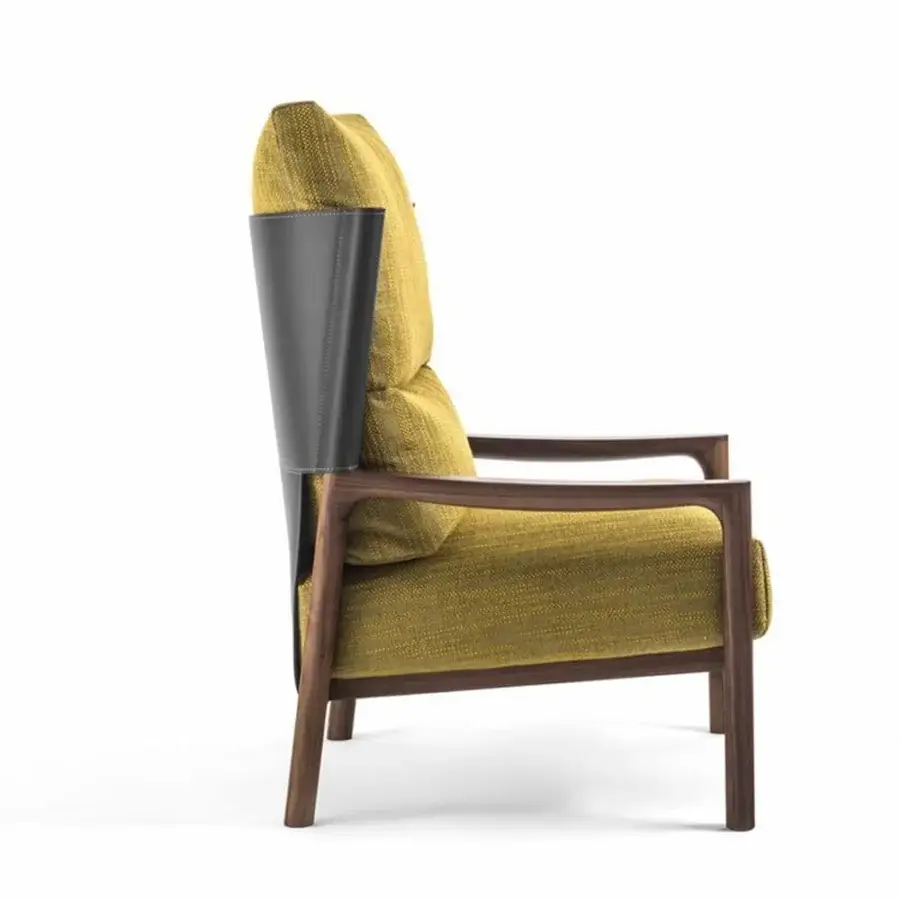 Distinguished Porada Vera lounge chair with patterned yellow textile upholstery and dark gray Cuoietto leather backrest in solid Canaletto walnut