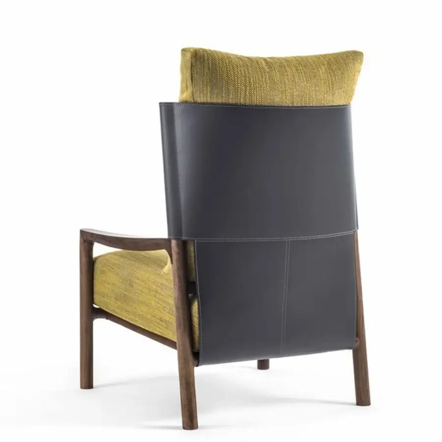 Exceptional Porada Vera lounge chair with Canaletto walnut frame and textured yellowish-green fabric upholstery with Cuoietto leather back