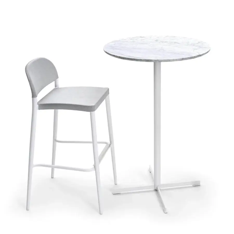 Exclusive Varaschin Summer Set bar table with white marble-like top and white powder-coated steel base crafted with C5M protective treatment