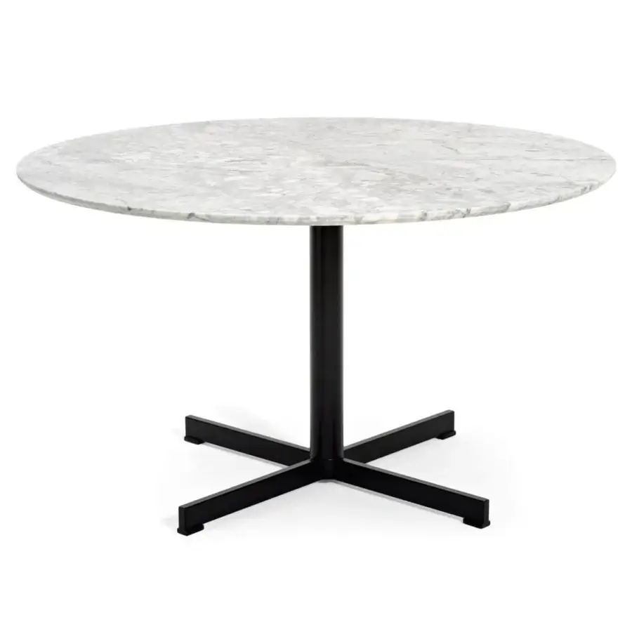 Elegant Varaschin Summer Set table with light gray marble-patterned stone tabletop and black powder-coated steel base