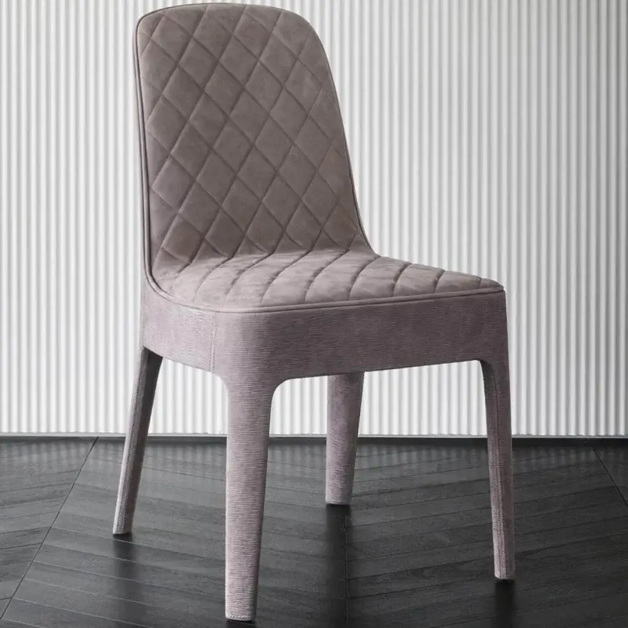 Exceptional Rugiano Aria chair with grayish-brown quilted textile and fully leather-covered structure and legs
