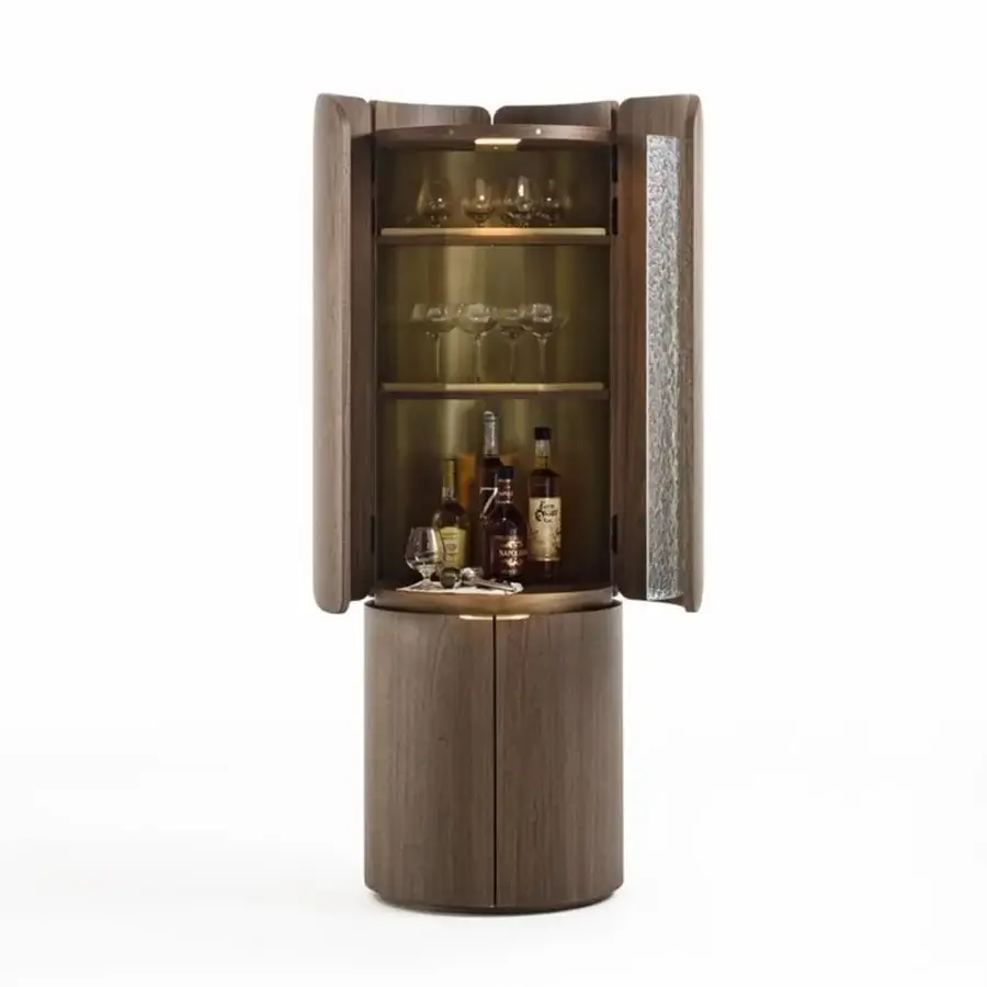 Innovative Porada Mary bar cabinet with curved canaletto walnut wood doors and brushed brass metal accents