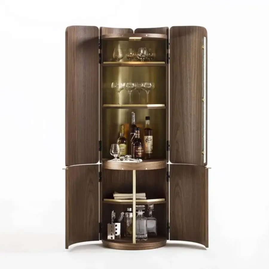 Exclusive Porada Mary bar cabinet with curved canaletto walnut wood doors and Ice glass details, built with a brushed brass metal back panel and LED lighting