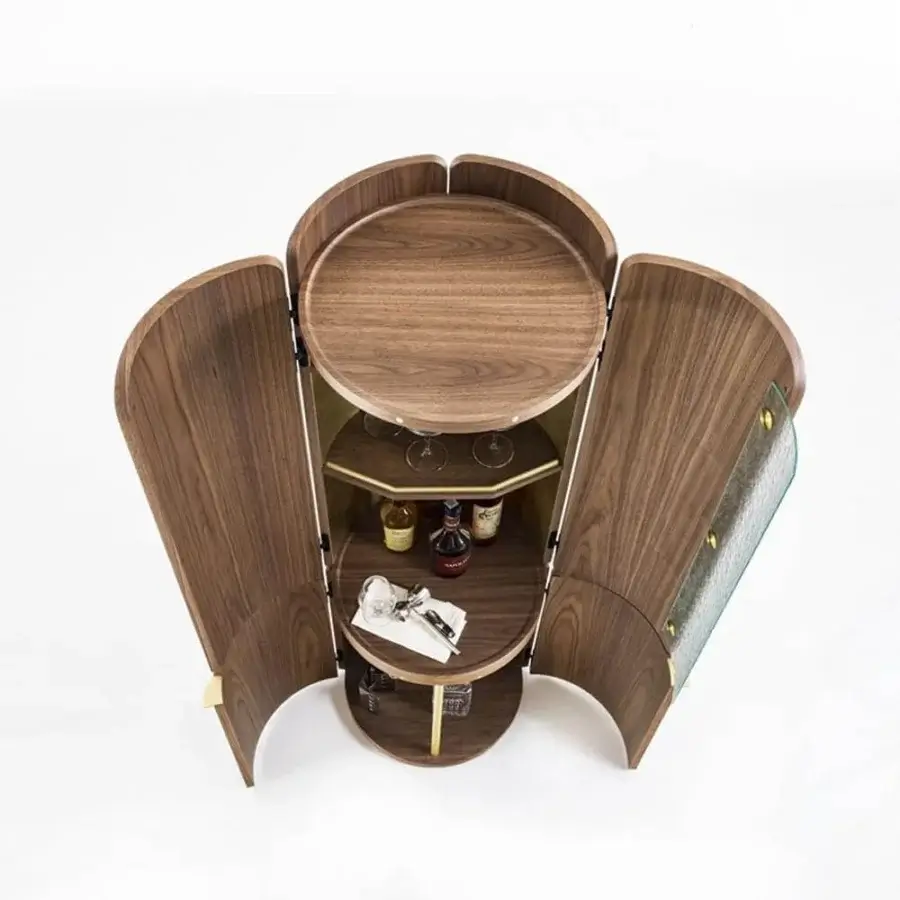 Distinguished Porada Mary bar cabinet with curved canaletto walnut wood doors and Ice glass details exhibiting a smooth finish