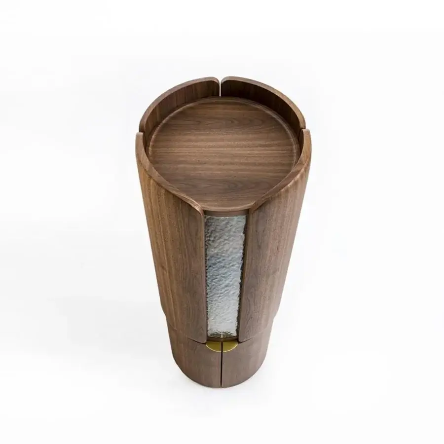 Exceptional Porada Mary bar cabinet in dark brown canaletto walnut wood with Ice glass accents and brushed brass metal