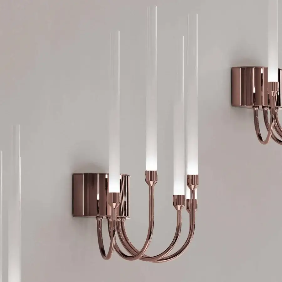 Elegant Stillux Line wall lamp with glossy copper-toned metal and transparent pyrex glass diffusers crafted in Italy