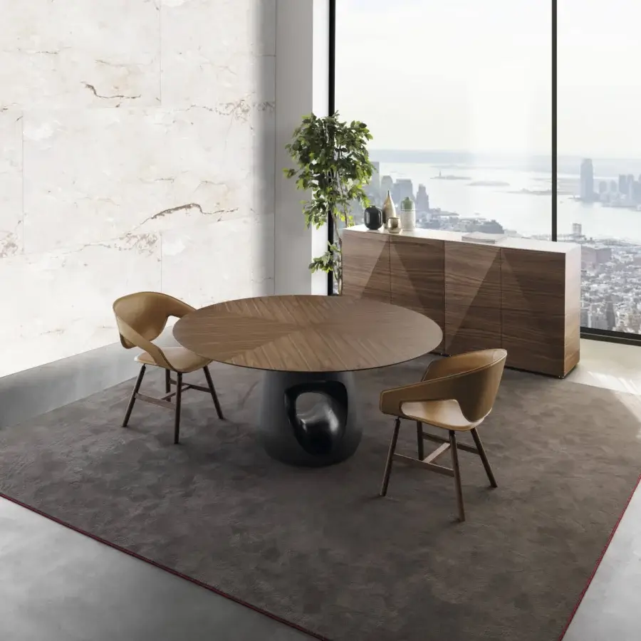 Elegant Horm Barbara table with round premium wood top and dark matte concrete base