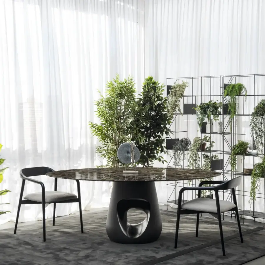 Captivating Horm Barbara table with round dark marble top and matte black concrete pedestal base