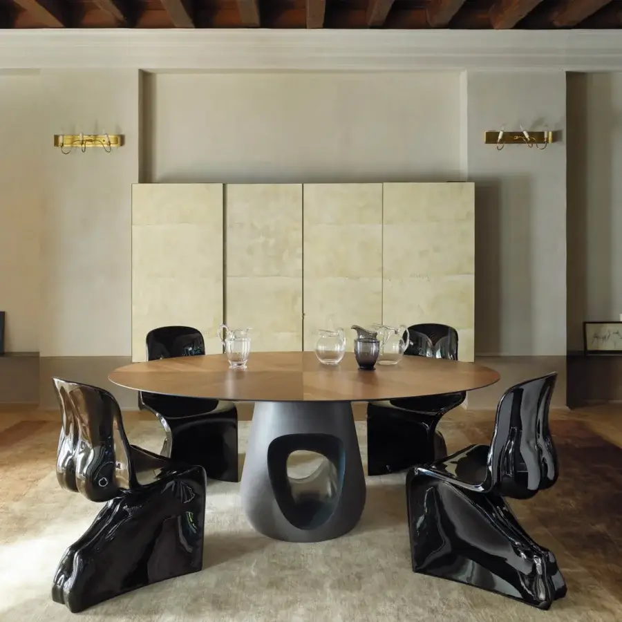 Exceptional Horm Barbara table with oval wood top and central concrete base in matte gray finish