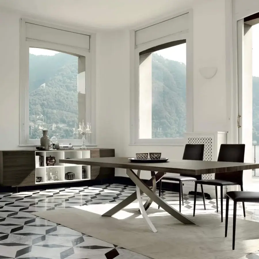 Captivating Bontempi Artistico table with dark wood top and intersecting silver-tone metal base with matte finish