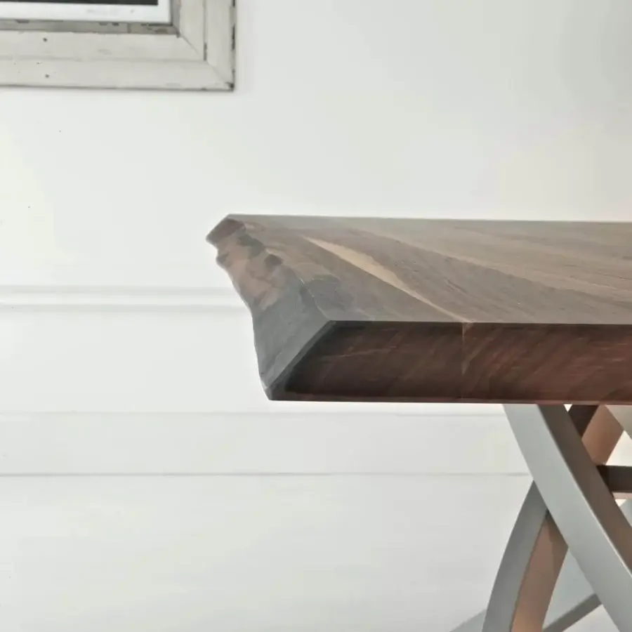 Exclusive Bontempi Artistico table with a live-edge wooden tabletop and intersecting matte grey metal base