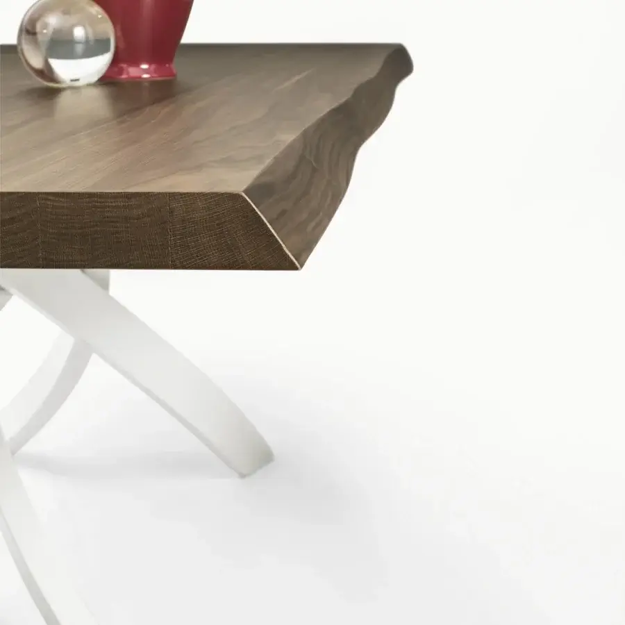 Exceptional Bontempi Artistico table with a brown wooden tabletop and curved white metal base in a matte finish