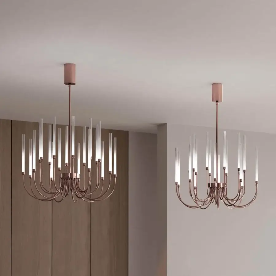 Elegant Stillux Line ceiling lamp with a copper metal structure and twenty curved arms supporting tubular frosted pyrex glass diffusers