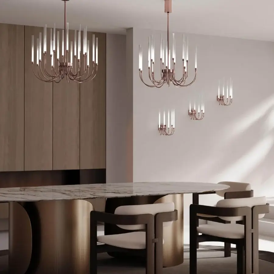 Superior Stillux Line ceiling lamp with a satin metal structure and twenty curved frosted pyrex glass diffusers