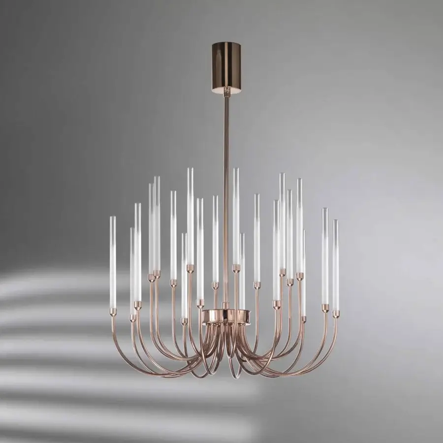 Distinguished Stillux Line ceiling lamp crafted with a central metal structure and frosted pyrex glass diffusers in a polished, copper-like finish