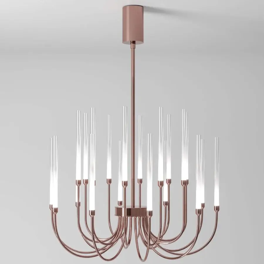 Exceptional Stillux Line ceiling lamp crafted with a polished rose gold metal structure and twenty curved arms holding frosted pyrex glass diffusers
