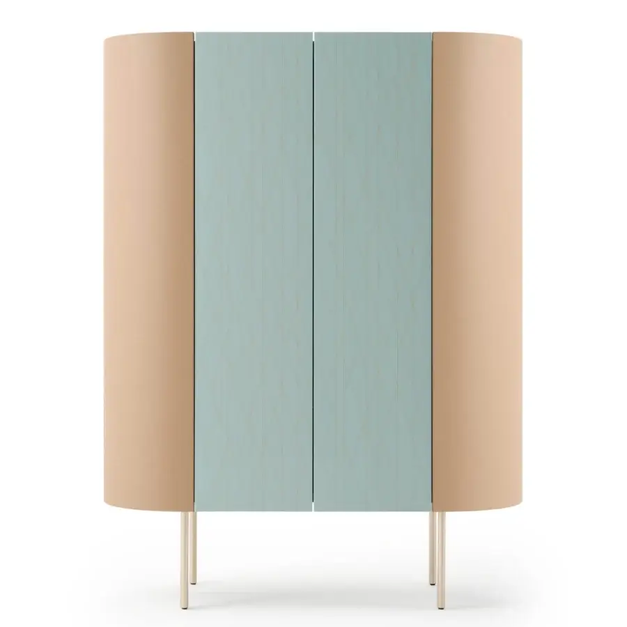Distinguished Turri Roma cupboard with curved light brown leather sides and tactile light blue doors crafted in Italy with transparent glass shelves