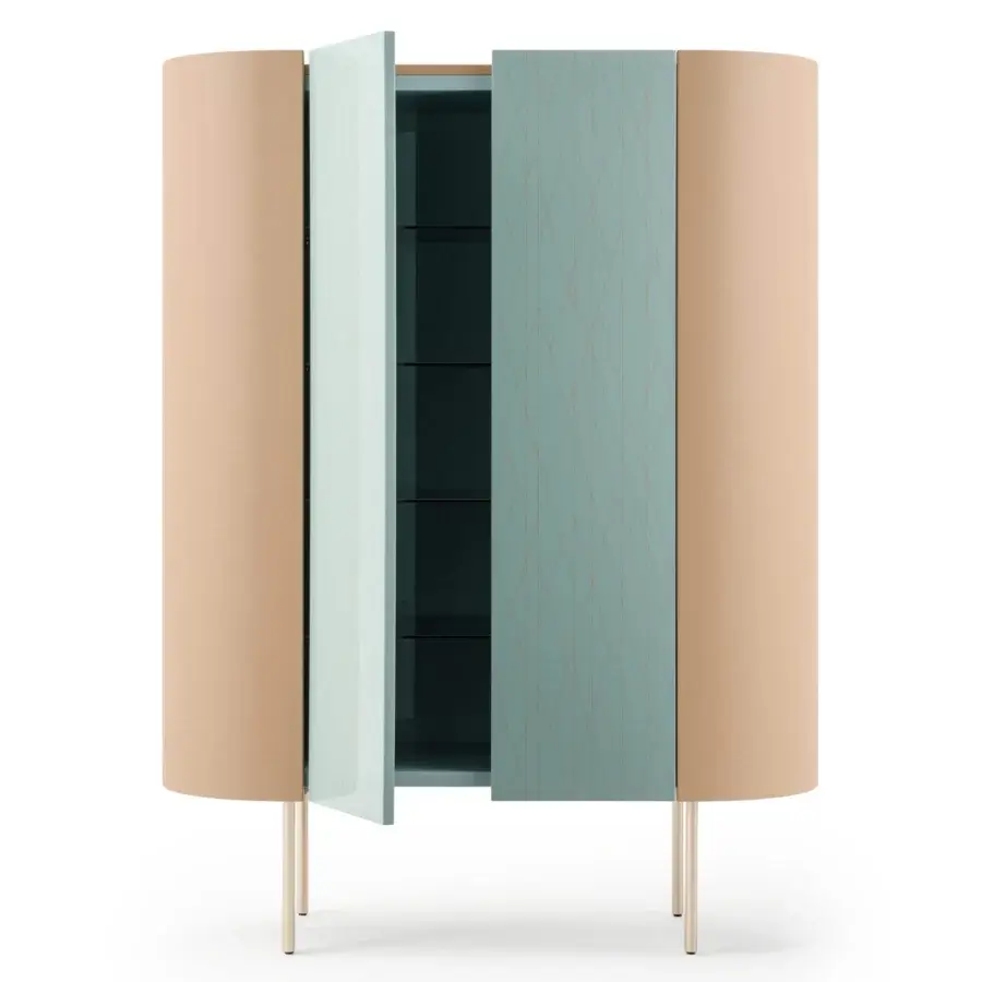 Superior Turri Roma cupboard with curved leather sides, glossy light blue lacquered door and transparent glass shelves within
