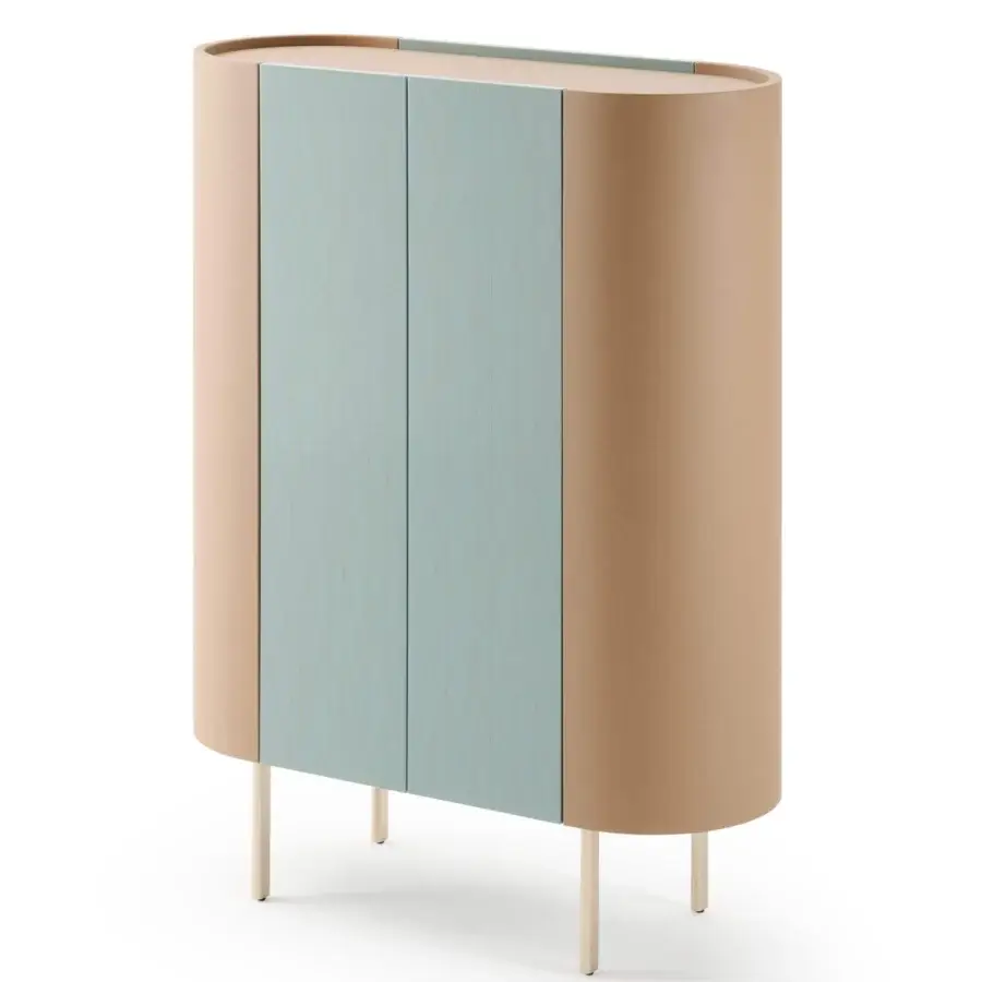 Exclusive Turri Roma cupboard with light blue matte doors, curved leather accents and transparent glass shelving