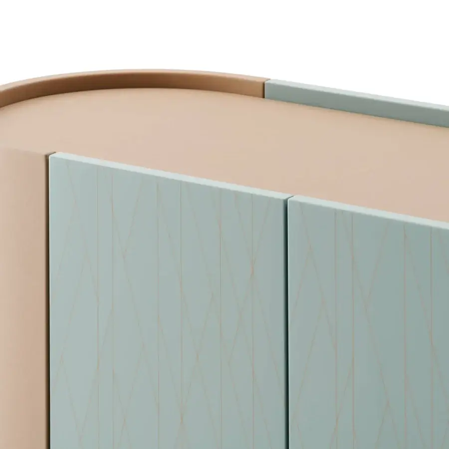 Elegant Turri Roma cupboard with light blue lacquered doors, tan geometric pattern and curved leather detailing