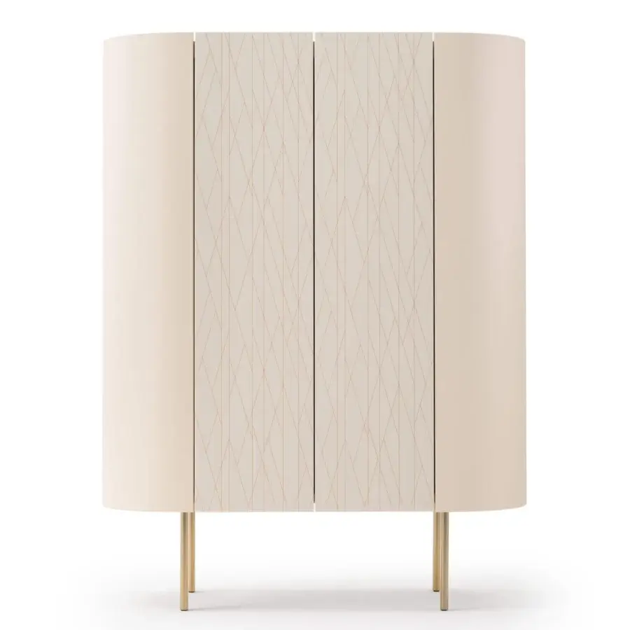 Exclusive Turri Roma cupboard with curved silhouette, gold decoration and glossy lacquered finish crafted with a leather top